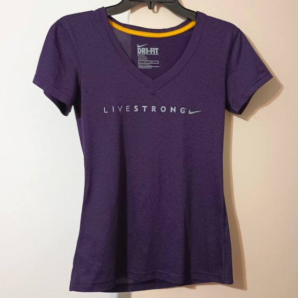EUC ~NIKE DRI-FIT Purple Colored "Live Strong" Swoosh Reg. Fit Shirt (Size: XS) - Picture 1 of 3